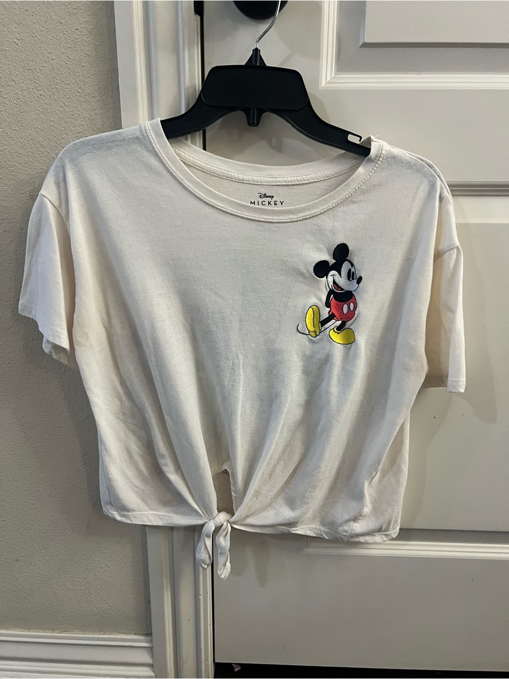 Disney White Tie-Front Mickey Mouse Crop Top with Red and Yellow Accent